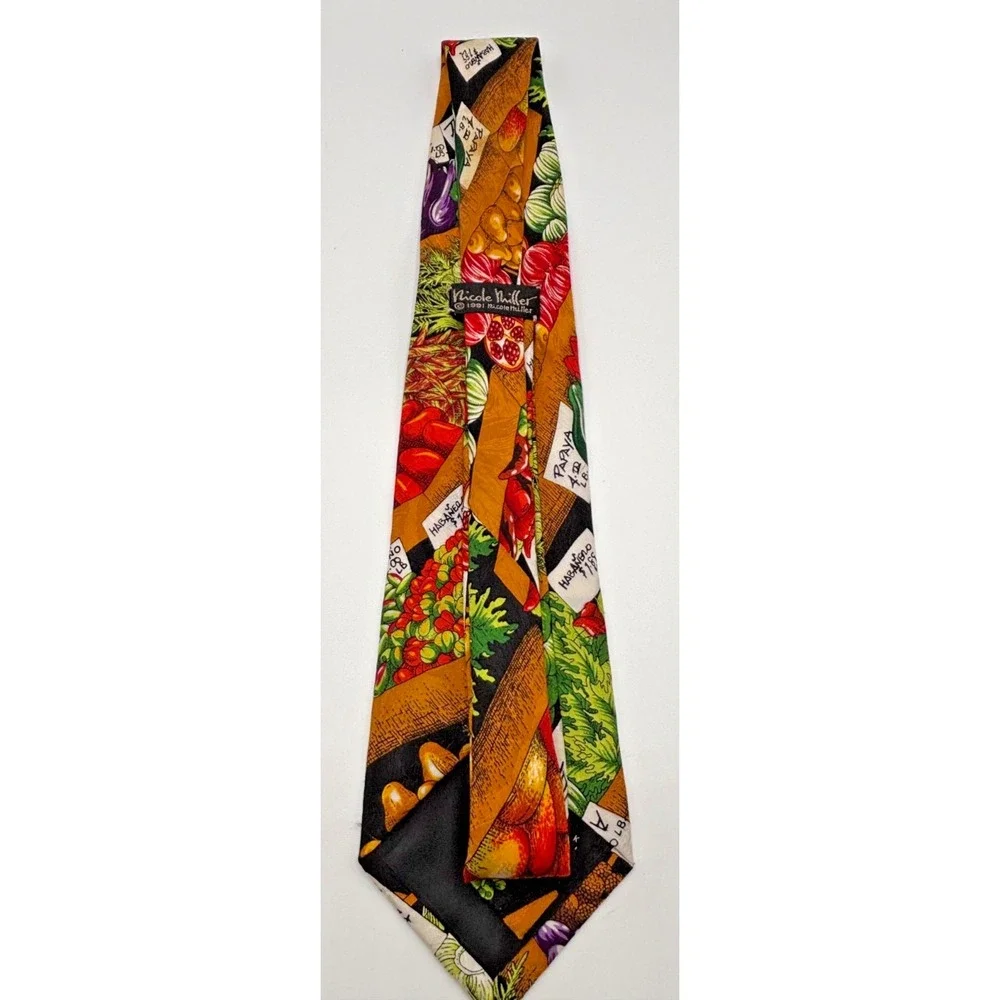 Vintage Nicole Miller 1991 Silk Tie Produce Market Vegetables Food Made in Italy